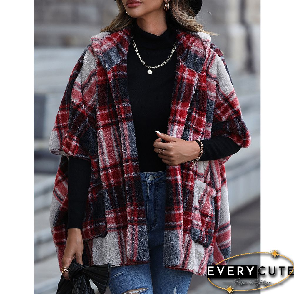 Red Plaid Print Plush Hooded 1/2 Sleeve Pocket Coat