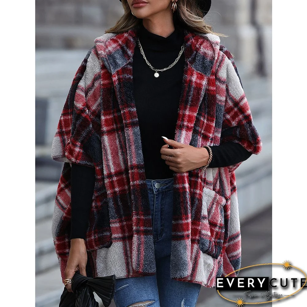 Red Plaid Print Plush Hooded 1/2 Sleeve Pocket Coat