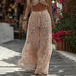 Women's Pink Roses Art Print Flowy Linen Blend Casual Pants - Image 2