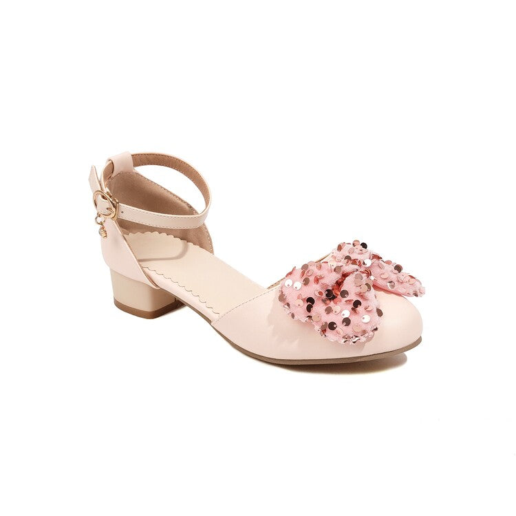 VCSHOES Ankle Strap Rhinestone Butterfly Knot Hollow Out Block Heel Sandals
