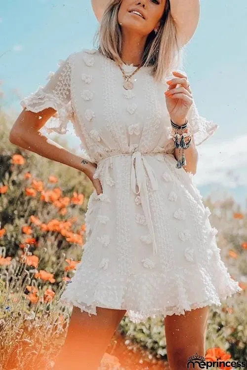 Pom Pom Short Sleeve Mini Dress