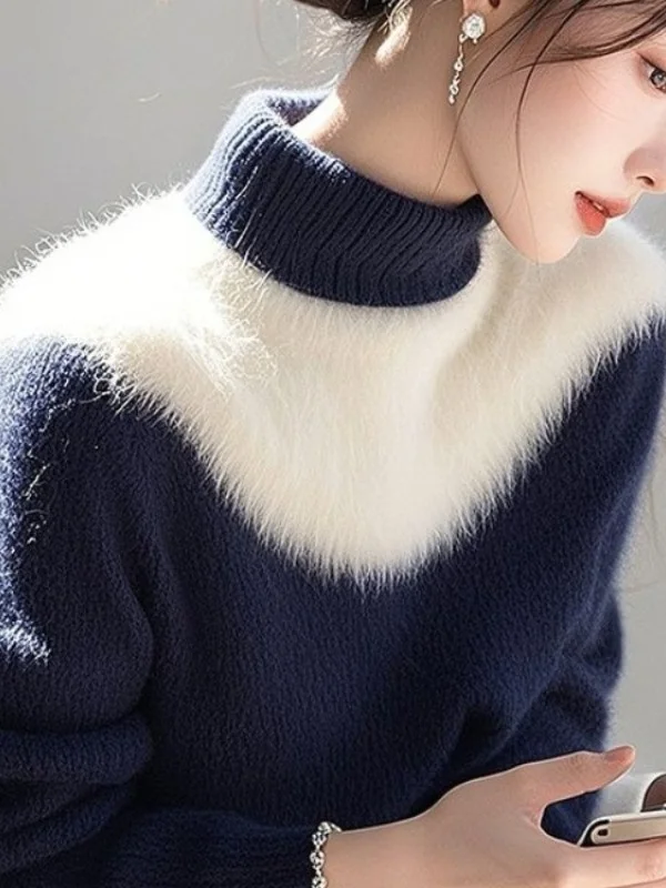 Athvotar Athvotar And White Imitation Sting Velvet Sweater Women 2025 Winter New High-End Feeling Super-Good-Looking Half-High Collar Top Knitted Shirt