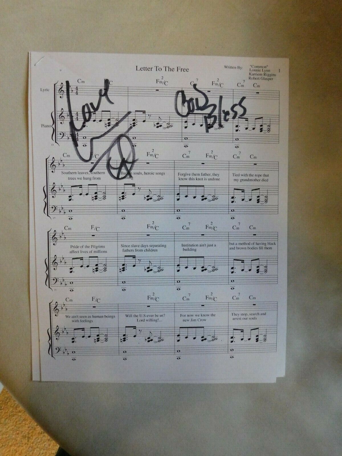 Letter to The  sheet music signed by Common