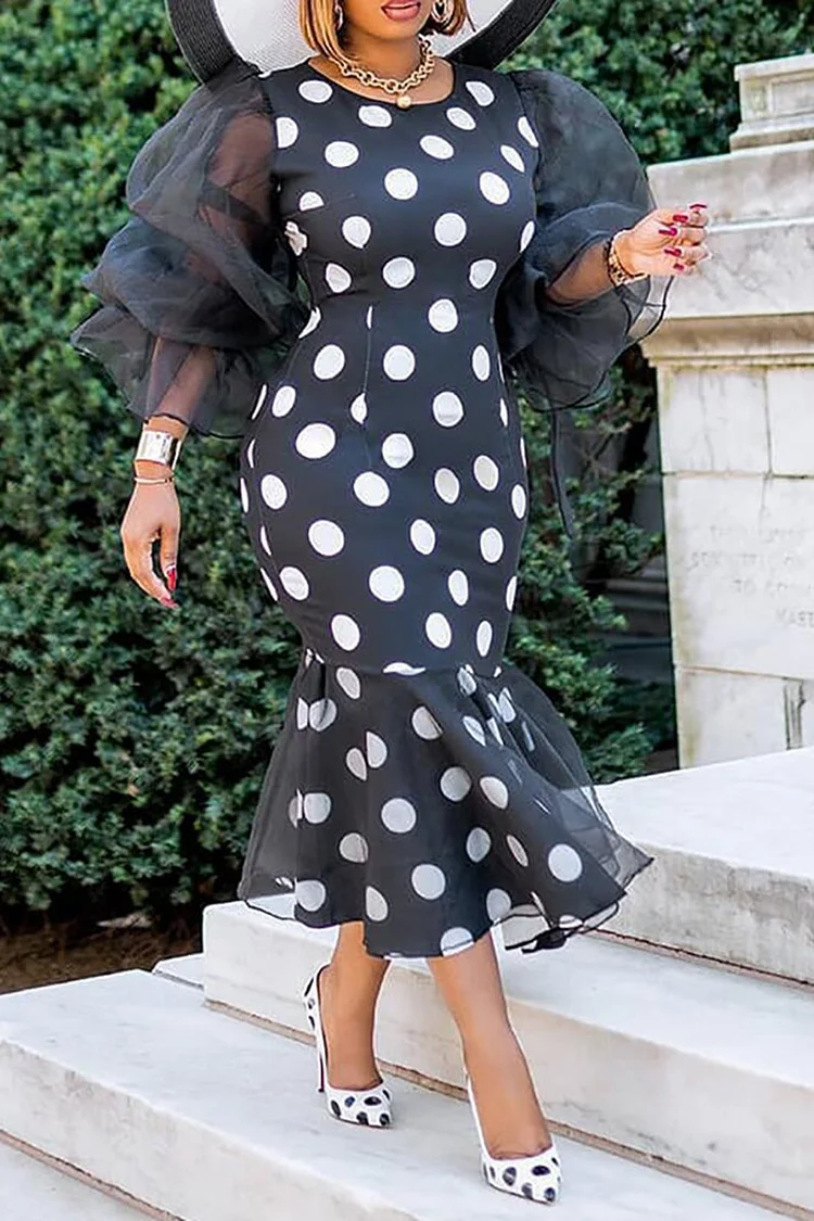 Plus Size Black Casual Polka Dot Print Sheer Puff Sleeve Bodycon Midi Dress