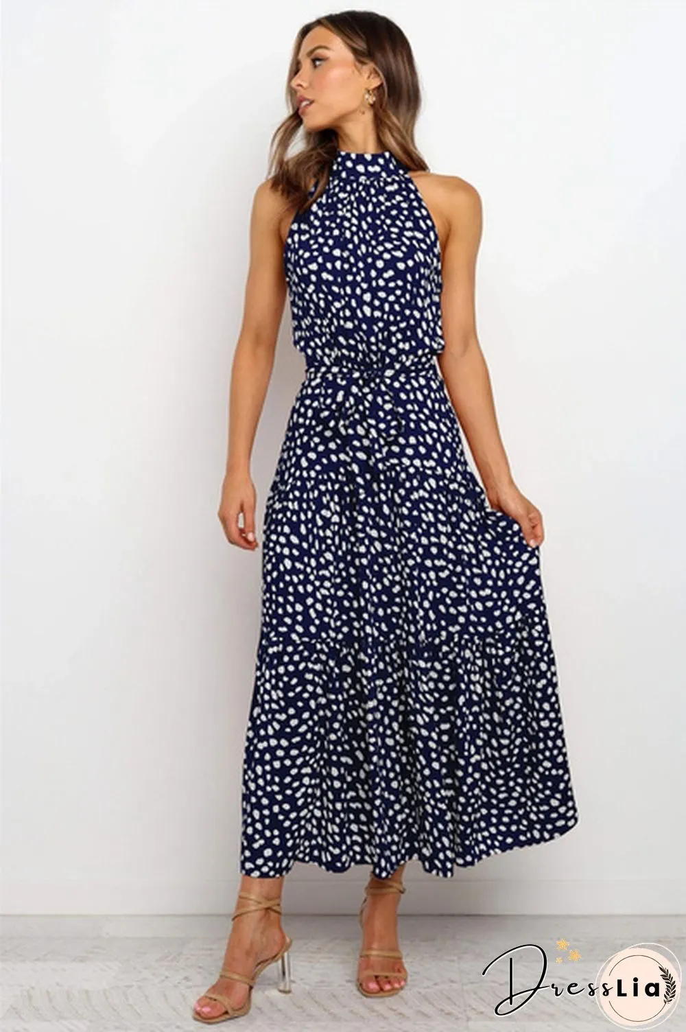 Plus Size Elegant Ladies Dress-Sleeveless-Collect Waist-Polka Dot-Long Boho Casual