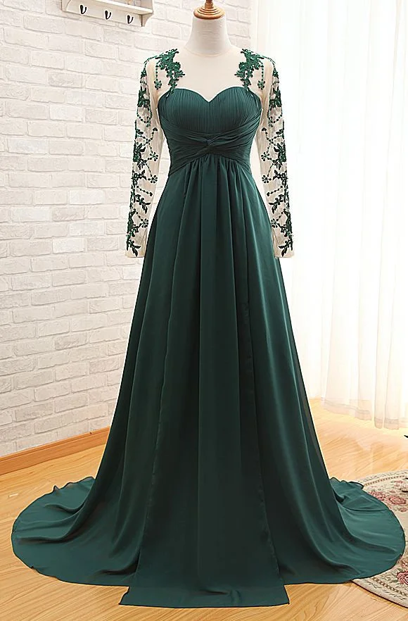 Daisda Dark Green Long Sleeves Chiffon Prom Dress with Appliques