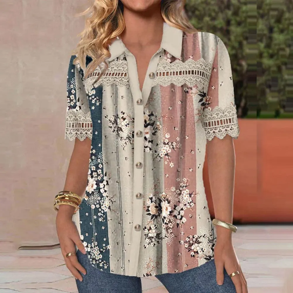 Apricot Print Collared Short Sleeve Top