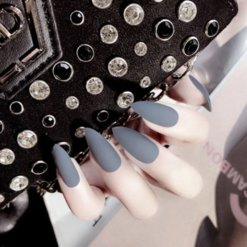 24Pcs Full Cover Pointed Head Scrub Temperament white matte false nails Wearable Stiletto Fake press on Nail with Glue for gils-Nail Inspo