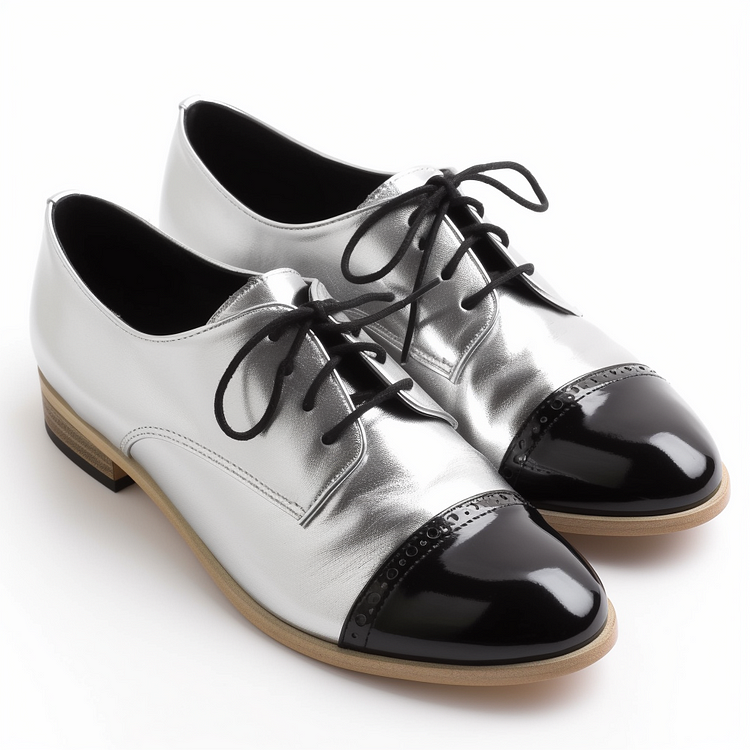 Silver & Black Leather Round Toe  Lace Up Oxford Shoes With Low Chunky Heels |FSJ Shoes
