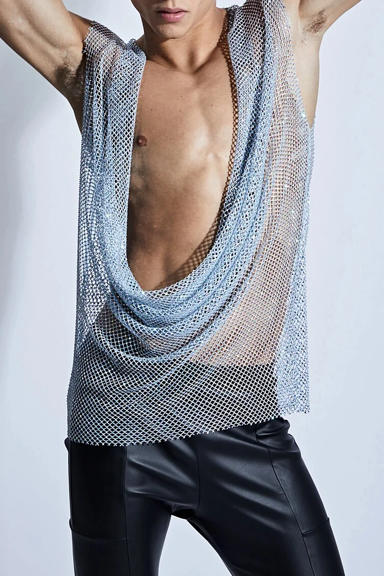 See-Through Fishnet Plunge Cowl Neck Tank Top [Pre-Order]