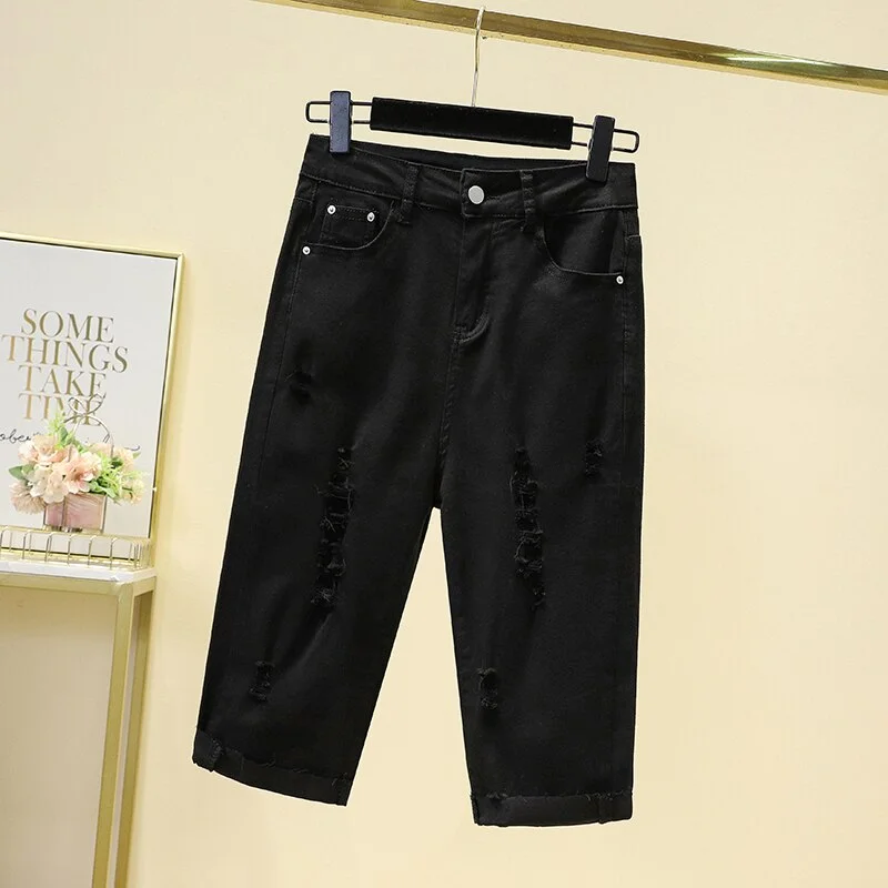 Cuffs Ripped Baggy Jeans Woman High Waist Streight Straight Denim Pants Ladies Knee Length Casual Hole Jeans Pant. Dialogues Mujer