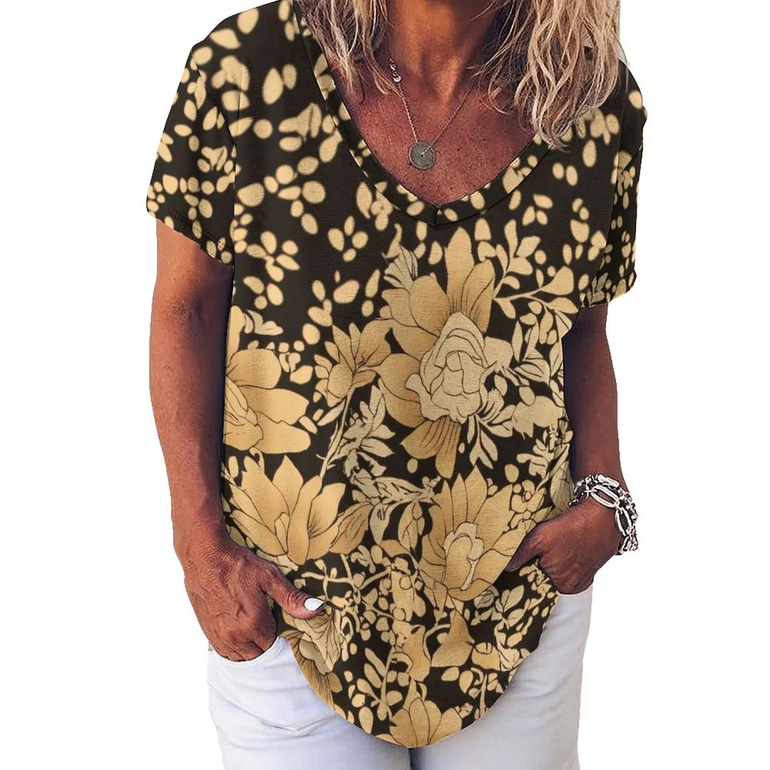 V-neck Short Sleeve Casual T-shirt for  Women Printed with Pattern Beige, Black, Floral