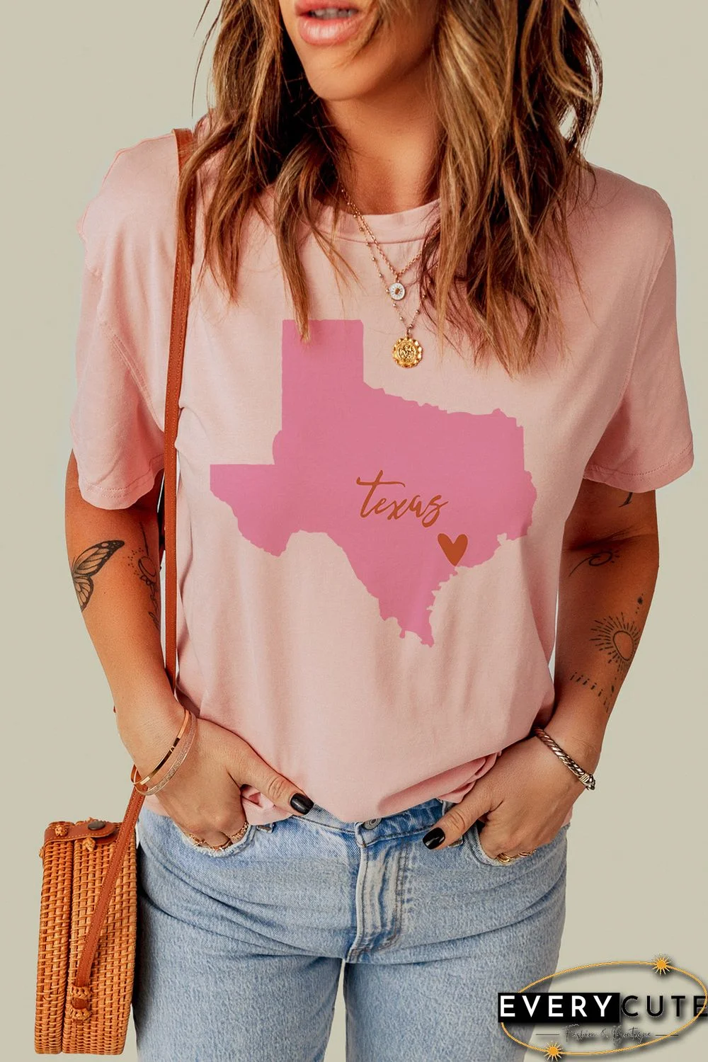 Pink Texas Map Graphic Print Crew Neck T Shirt
