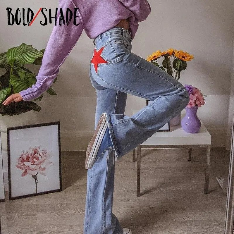Bold Shade Streetwear 90s Vintage Jeans Denim Indie Aesthetic Y2K Pants Star Pattern Grunge Skater Style Women Trousers 2021 Hot