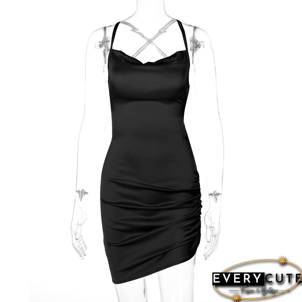 Women Strap Mini Dress Ruched Lace Up Cross Bandage Backless Bodycon Sexy Party Elegant Club Christmas Slim