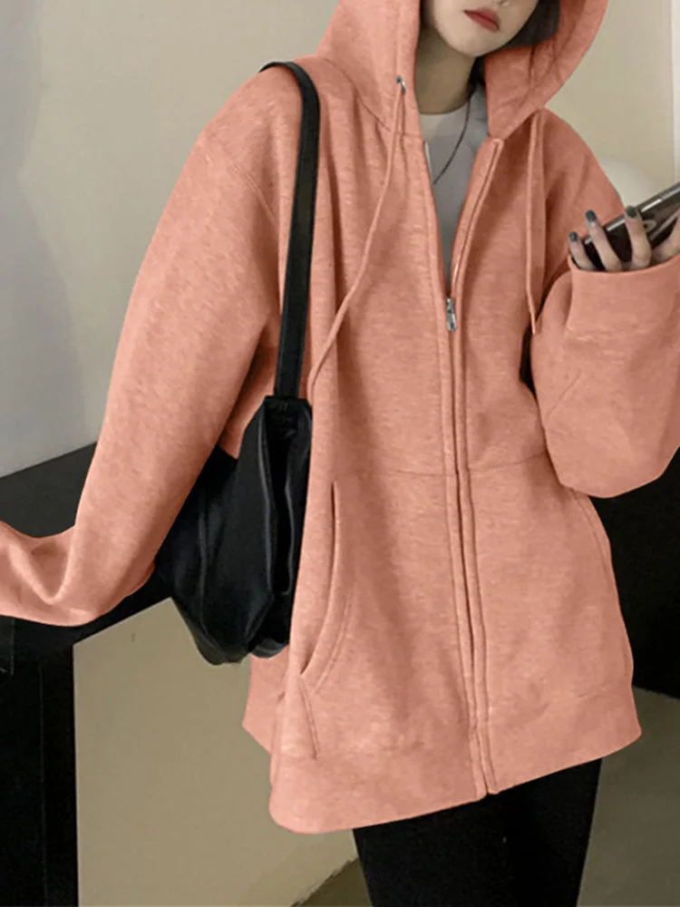 Solid color long-sleeved hooded pocket cardigan women's sweater SKUI38674 QueenFunky