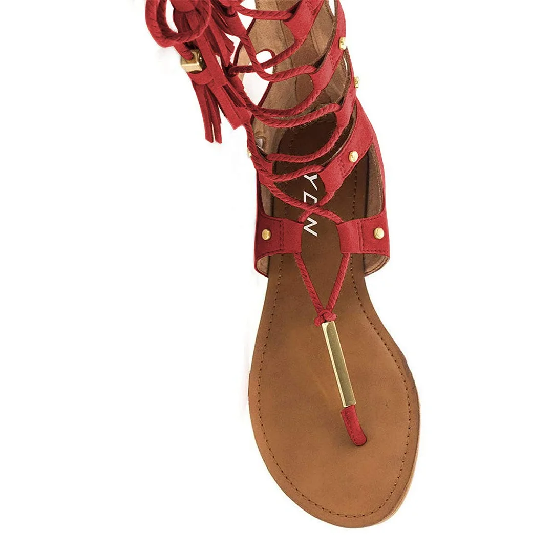 Red Faux Suede Round Toe Cut-Out Lace-Up Studded Knee High Gladiators