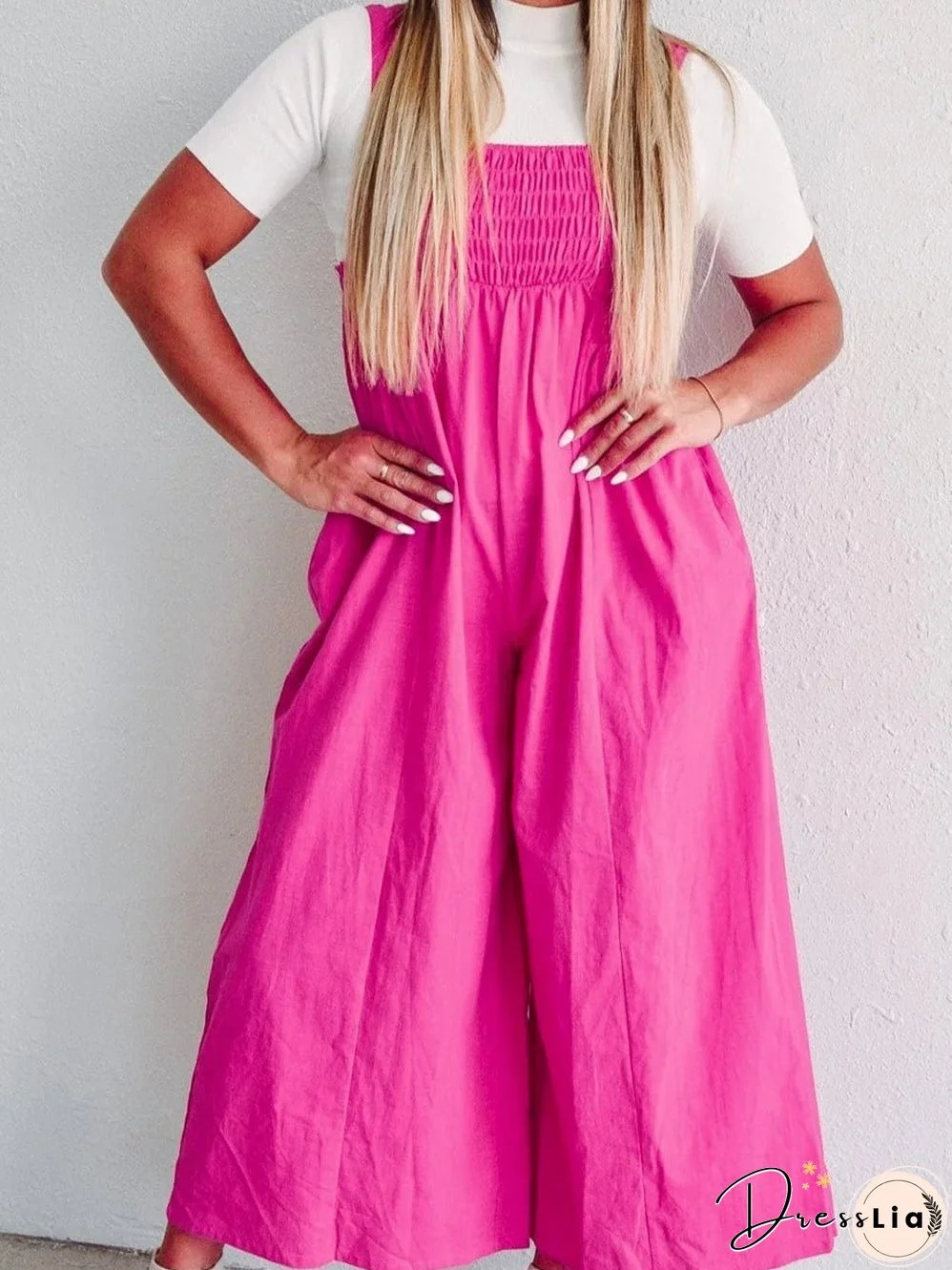 Strawberry Pink Smocked Wide Leg Jumpsuit with Square Neckline