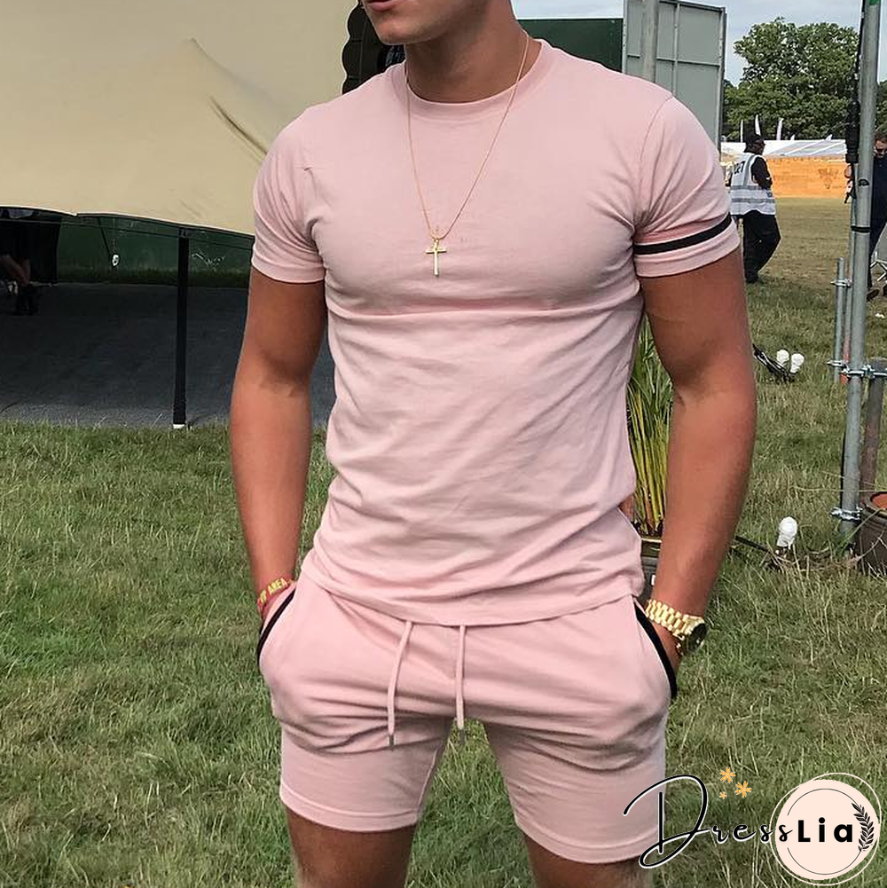 Men's Casual Pink Round Neck Shorts Sports Suit