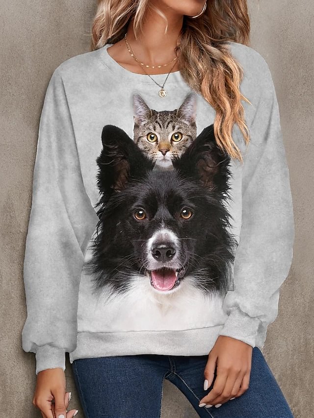 Women's Sweatshirt Pullover Basic Gray Cat Dog Street Round Neck Long Sleeve