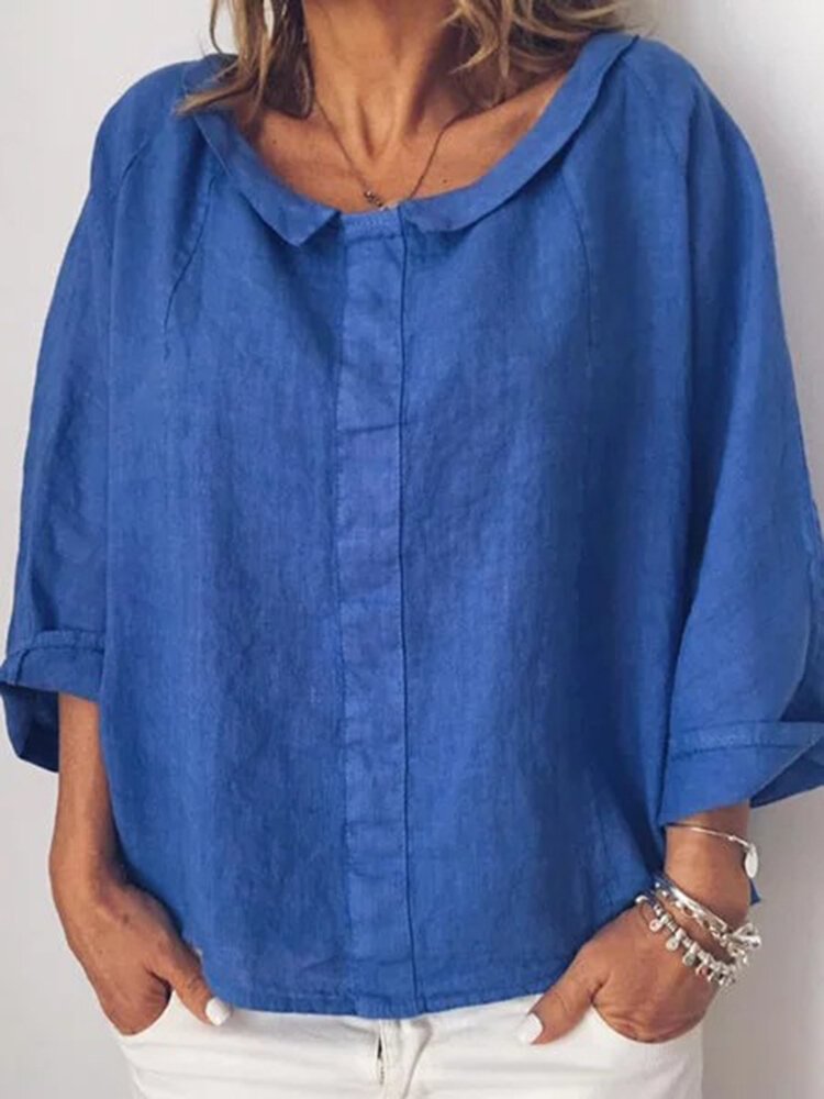 Lapel Solid Color Loose 3/4 Sleeve Casual Blouse For Women P1453261