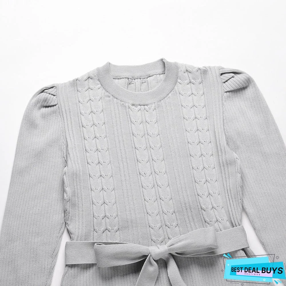 Bubble Long Sleeve Knitted Skirt Medium Long Wool Dress Black Dresses