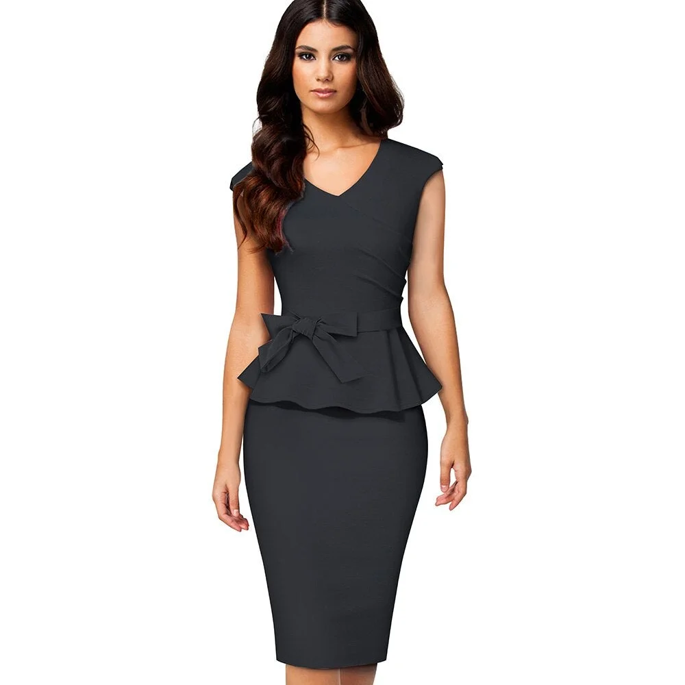Vintage Pure Color Office Work Peplum vestidos with Sash Business Party Bodycon Women Dress