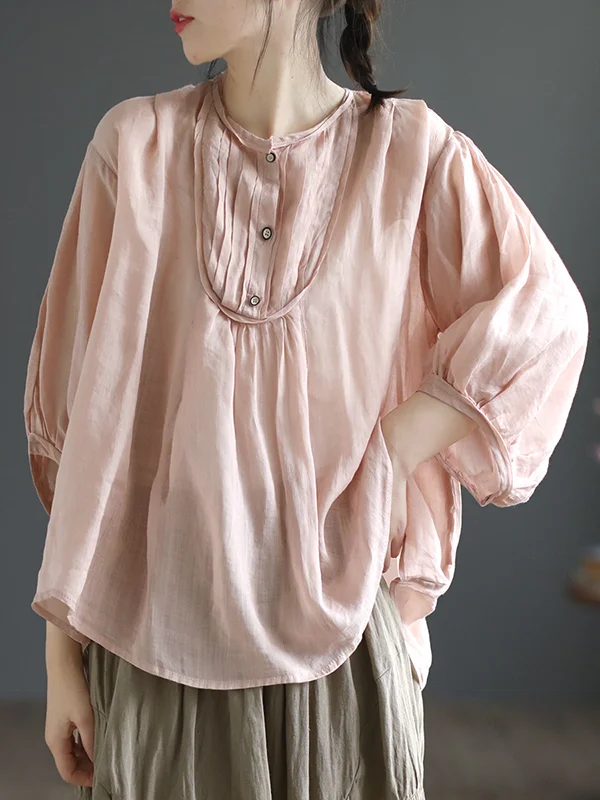 Half Sleeves Roomy Pleated Pure Color Split-Joint Round-Neck Blouses&Shirts Tops