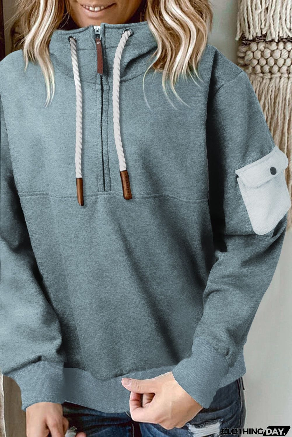 Half Zip Colorblock Pocket Patchwork Long Sleeve Hoodie