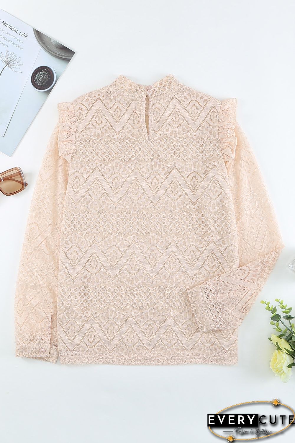 Lace Crochet Ruffle Hollow-out Long Sleeve Top
