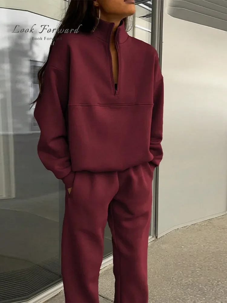 Women's Casual Loose Pullovers Zippers Elastic Waist Trousers Sweatshirt Tracksuit Sets