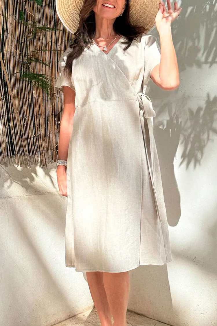 Linen Wrapped V Neck Short Sleeve Knotted Plain Midi Dresses [Pre Order]