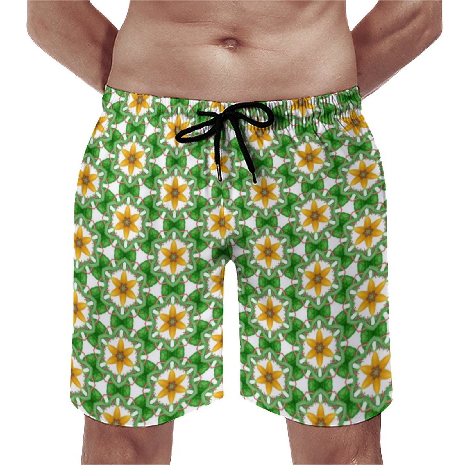 Modern Yellow Green Abstract Geometric Floral Elegant Men's Swim Trunks Summer Board Shorts Quick Dry Beach Short with Pockets
