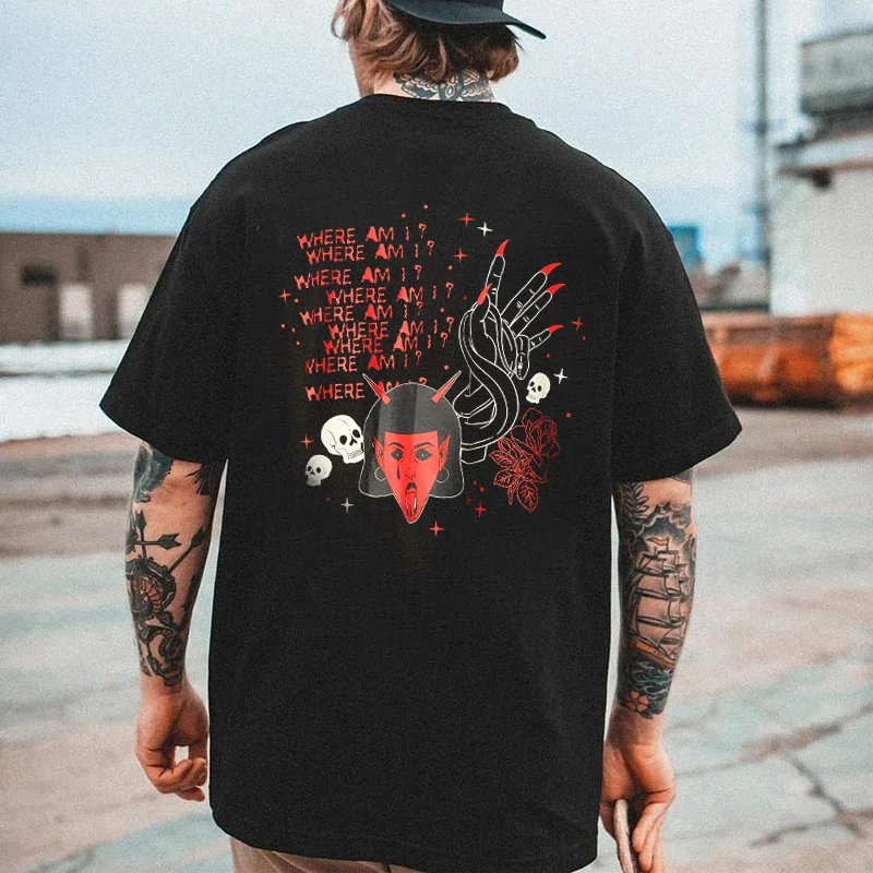 Where Am I Demons And Skulls Printed Men's T-shirt -  