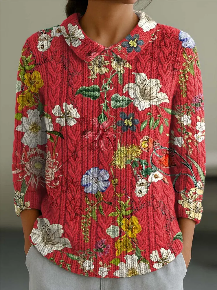 Women's Vintage Floral Art Print Casual Peter Pan Collar 3/4 Sleeve Sweater