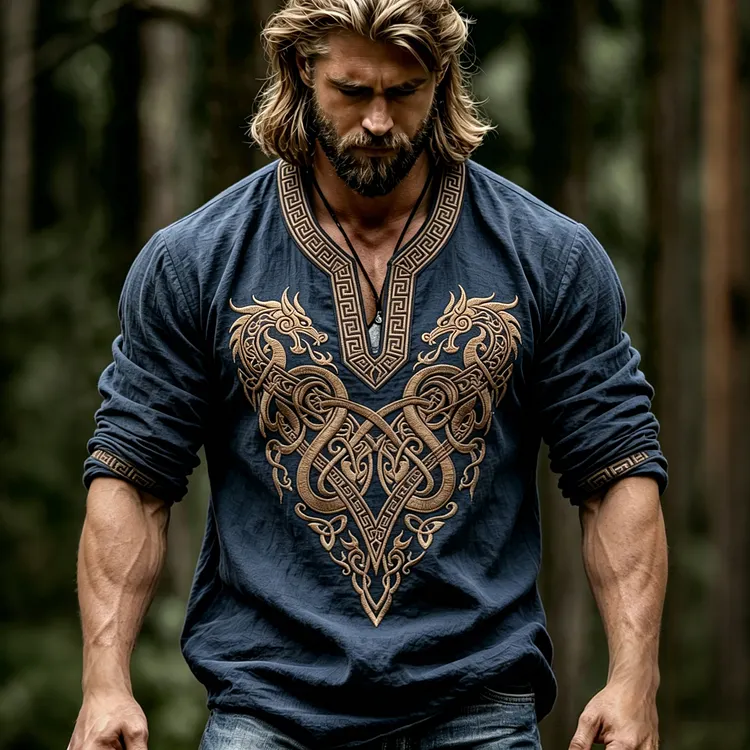Men's Retro Viking Dragon Pattern Casual Long Sleevecotton And Linen Tops