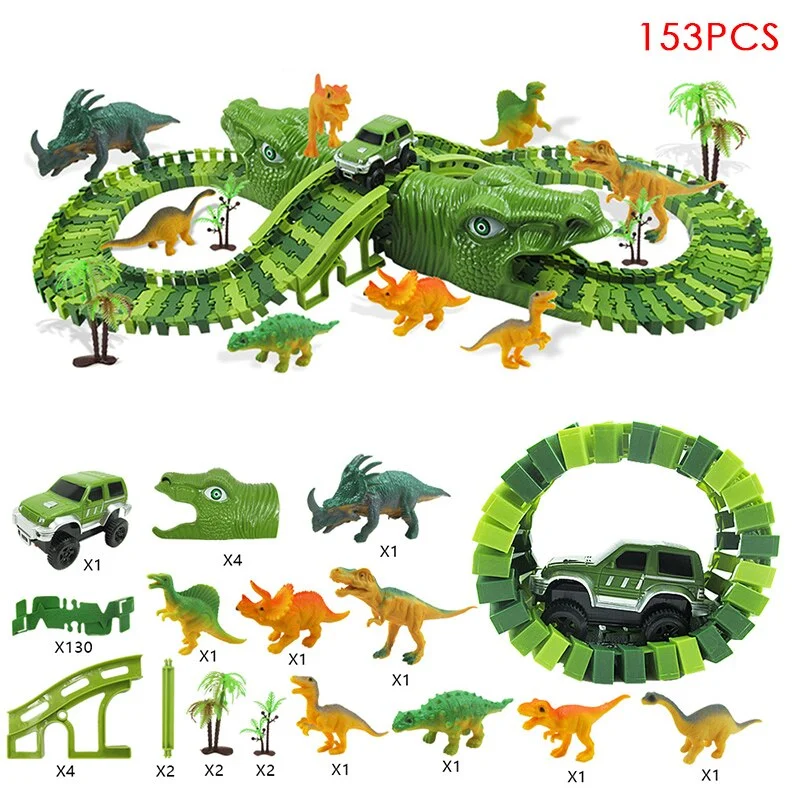 153pcs Of Dinosaur Electric Rail Car DIY Interchangeable Assembling Building Block Track Dinosaur Mountain Children'S Toy Gift