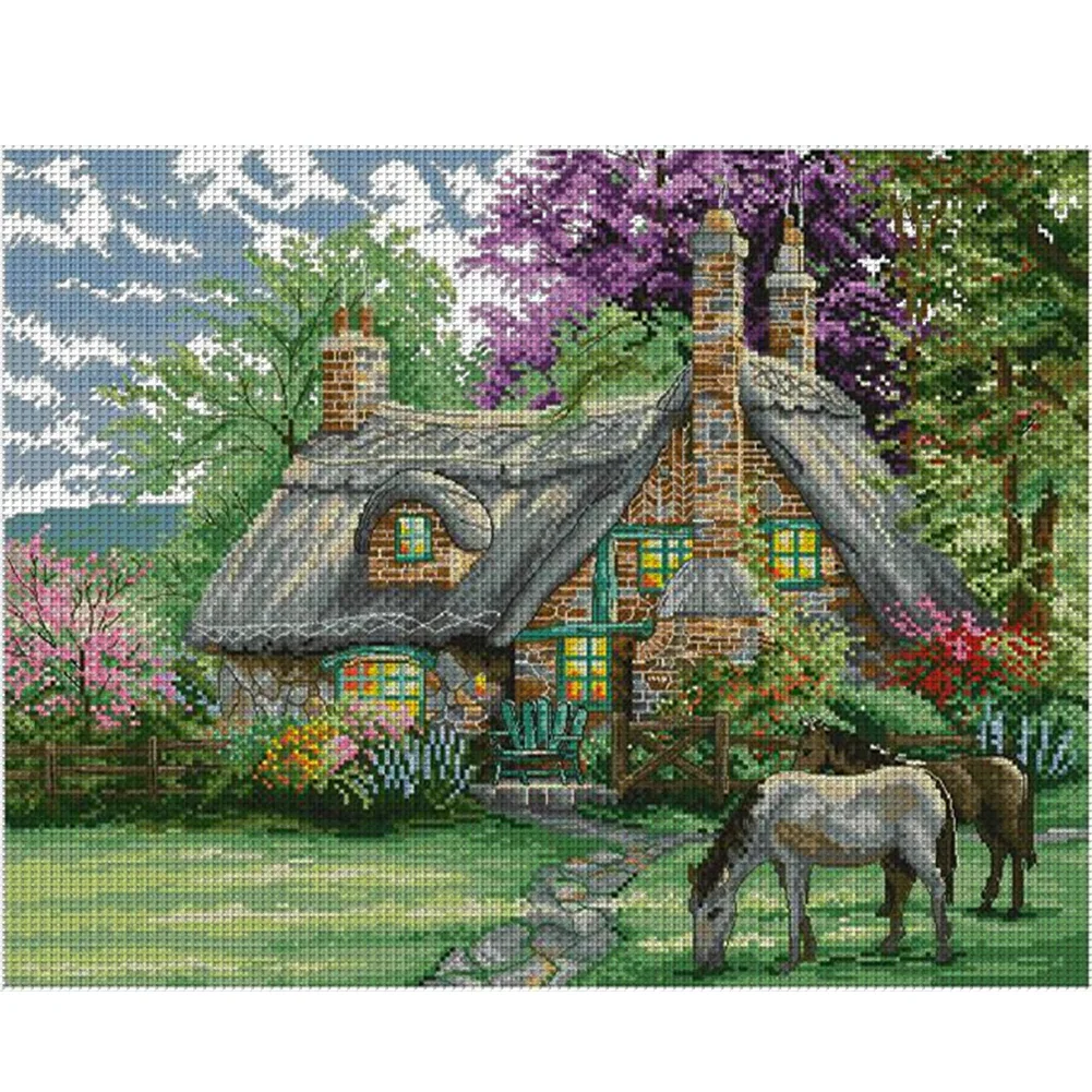 DIY Stamped Cross Stitch 14CT Partial Embroidery 46*38cm - Flower Villa