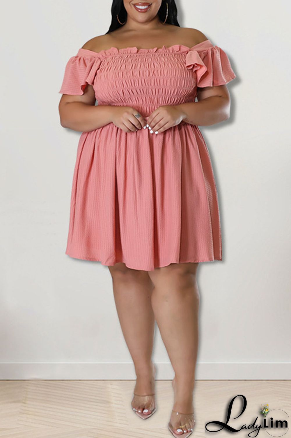 Pink Casual Sweet Solid Patchwork Fold Off the Shoulder A Line Plus Size Dresses
