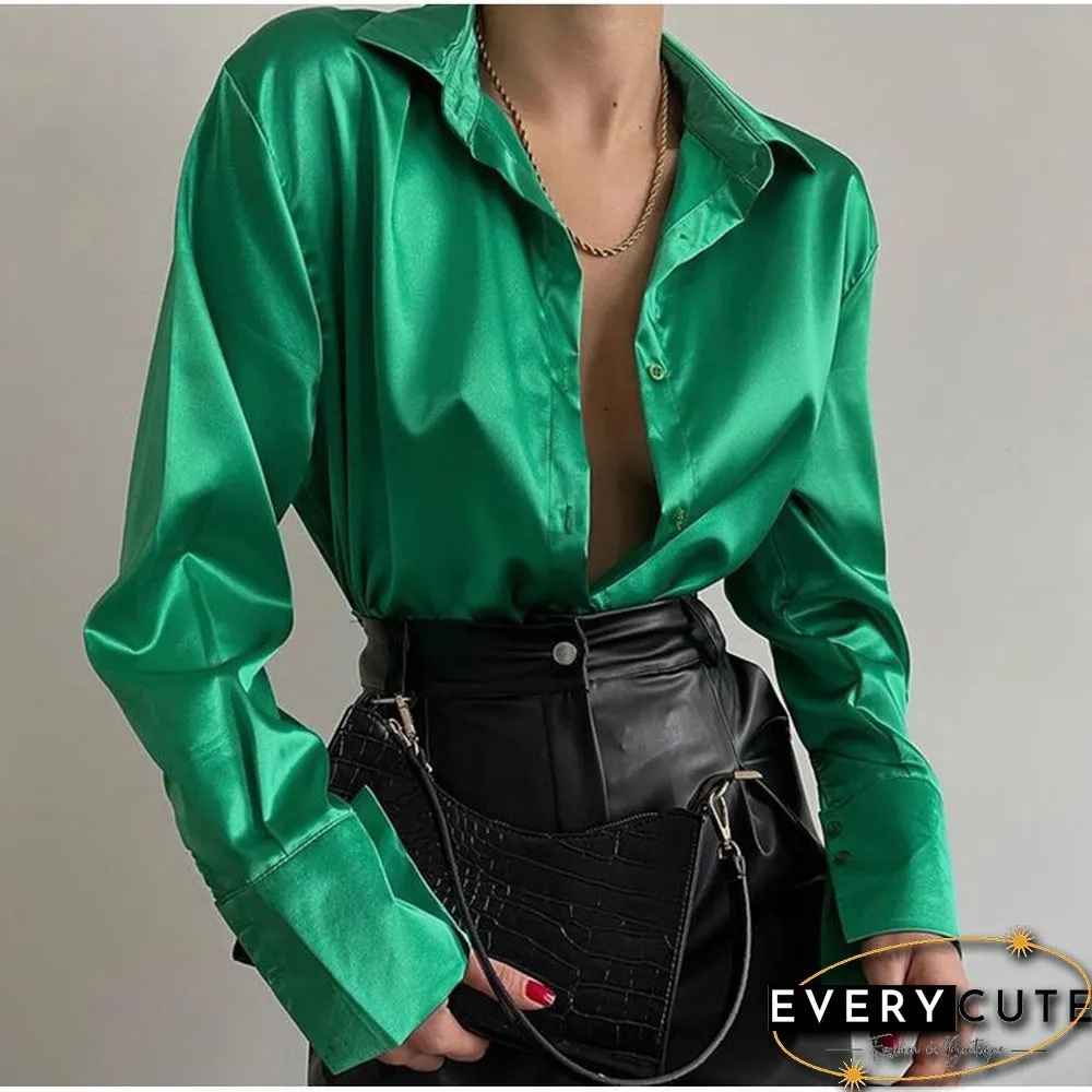 Women Elegant Satin Solid Long Sleeve Blouses Female Spring Vintage Loose Straight Buttons