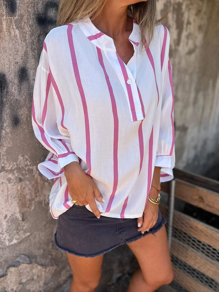 Striped Cotton and Linen Half-neck Shirt