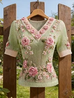 Women's Bohemian Pink Rose Refreshing V-neck Short Sleeve Top