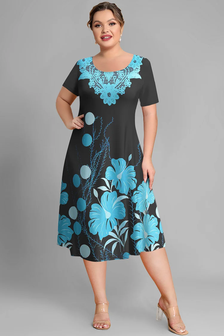 Flycurvy Plus Size Casual Blue Plant Floral Butterfly Print Tea-Length Dress  Flycurvy [product_label]