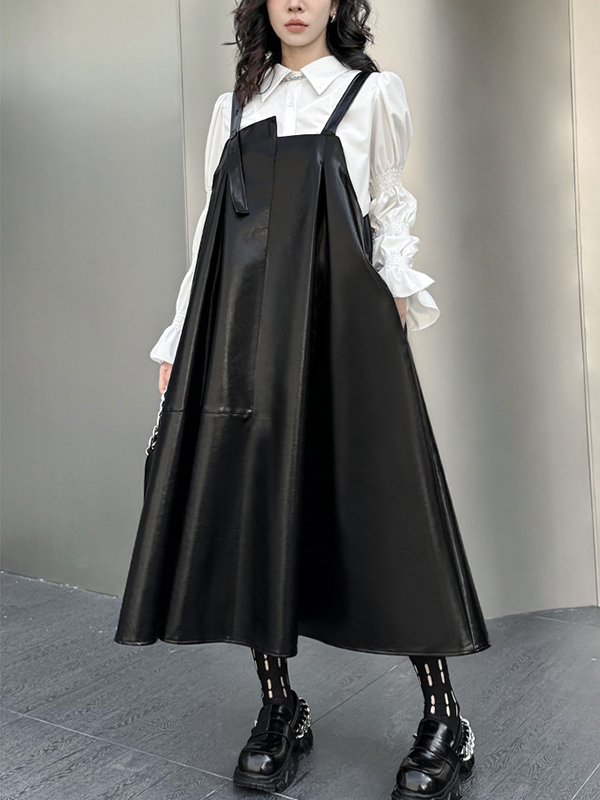 Bright PU Leather Strap Midi Dress