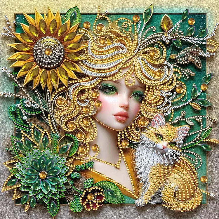 Sunflower Cat Girl 30*30cm (Canvas) Special Shaped Drill Diamond Painting gbfke