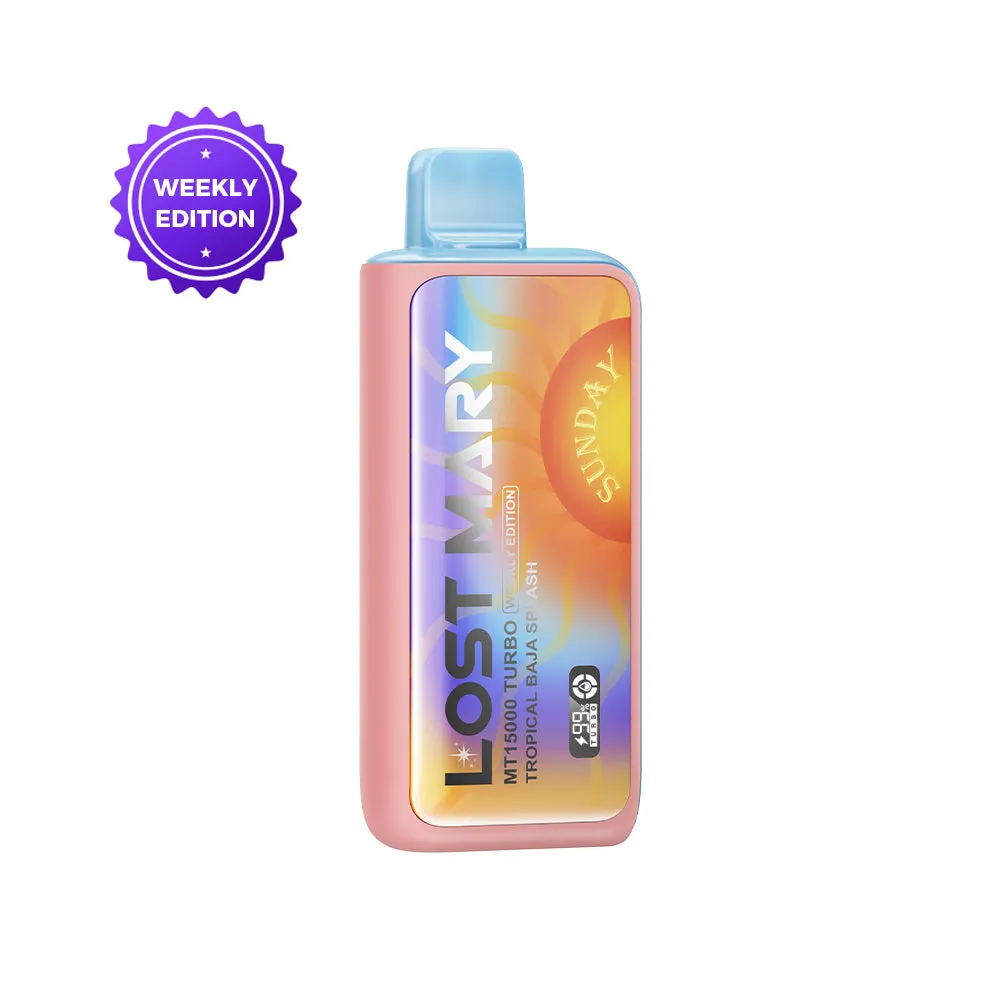 Lost Mary MT15000 Turbo Weekly Edition disposable vape in Tropical Baja Splash flavor.