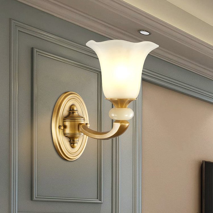 Gold Finish 1/2-Bulb Wall Lamp Classic Style Milky Glass Petal Wall Sconce Fixture for Corridor
