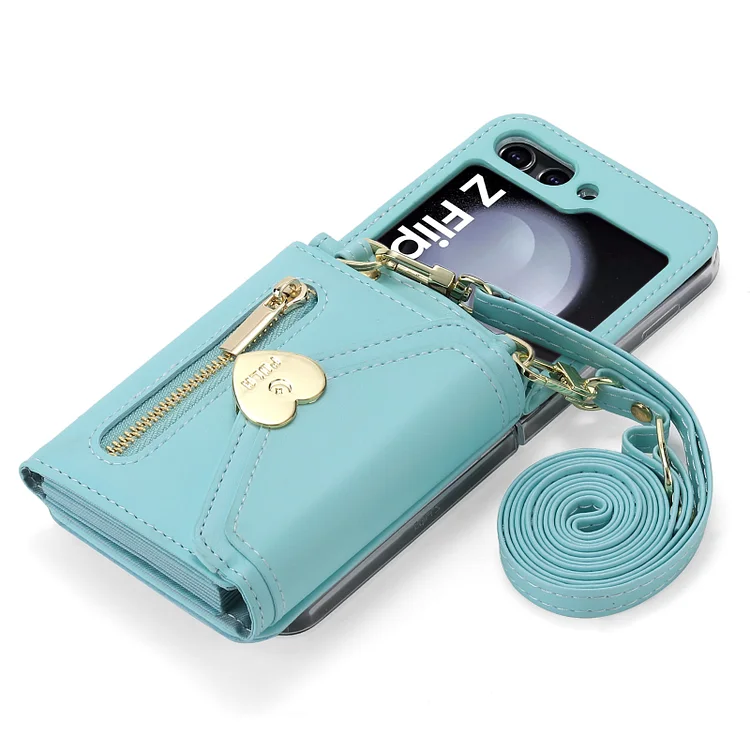Galaxy Z Flip 5 Crossbody Wallet Phone Case for Samsung Flip5 5G Love Card Slot Holder Purse Lanyard Strap Leather