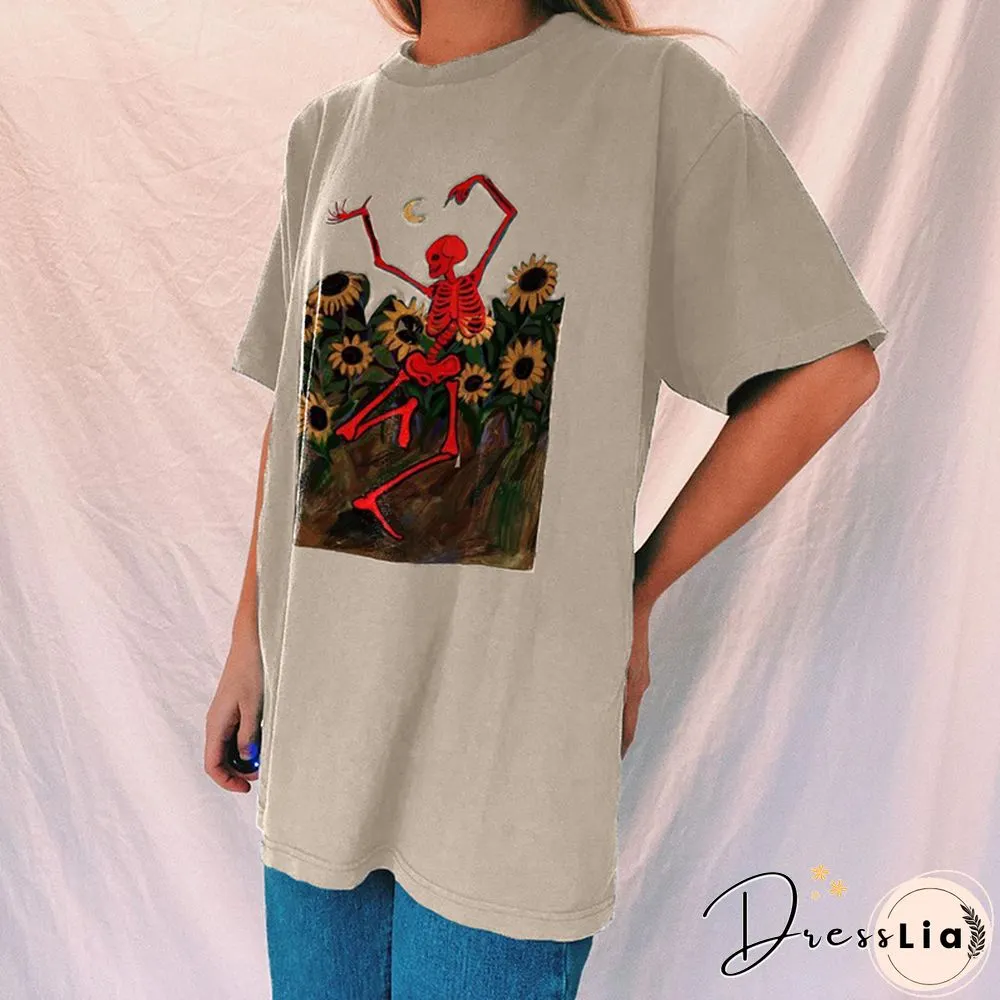 Vintage Round Neck Short Sleeve Loose Printed Tee