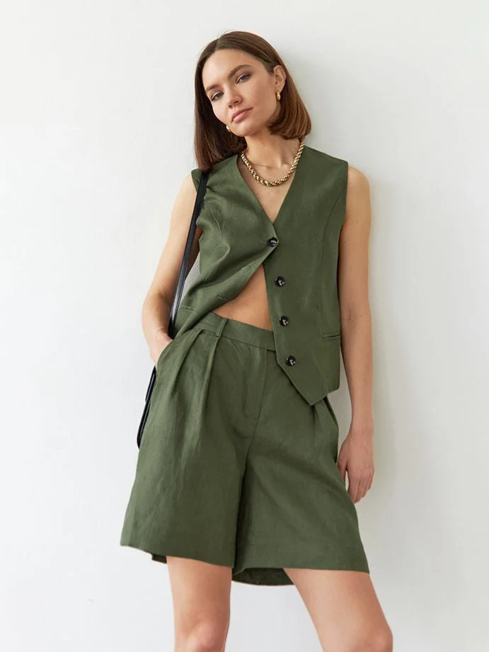 Ladies Solid Color Loose Vest Shorts Two-Piece Set